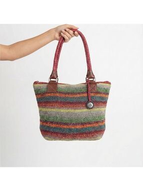 THE SAK Cambria Crochet Colourful Stripe Tote Shoulder Bag 10” Strap Drop